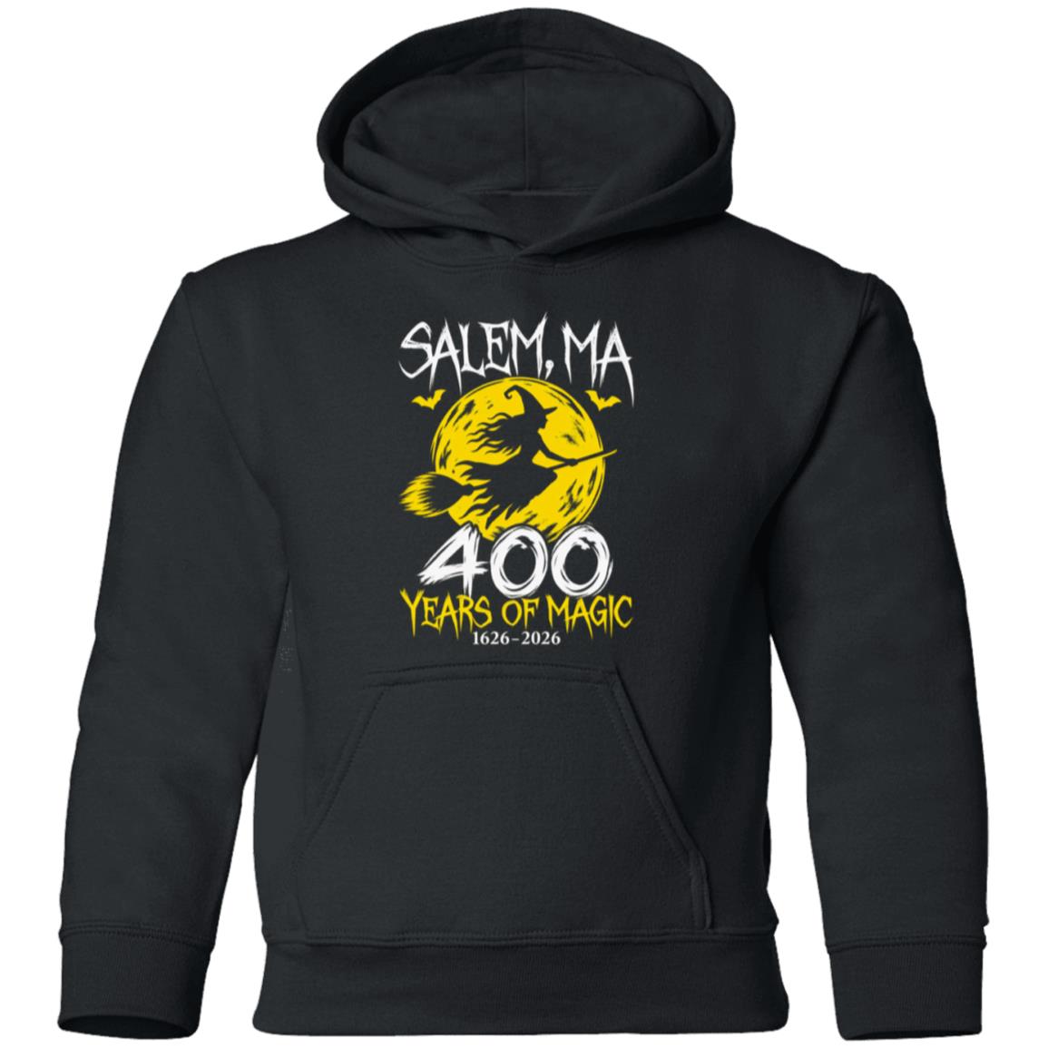Black 400 Years of Magic youth pullover hoodie with yellow moon and flying witch design