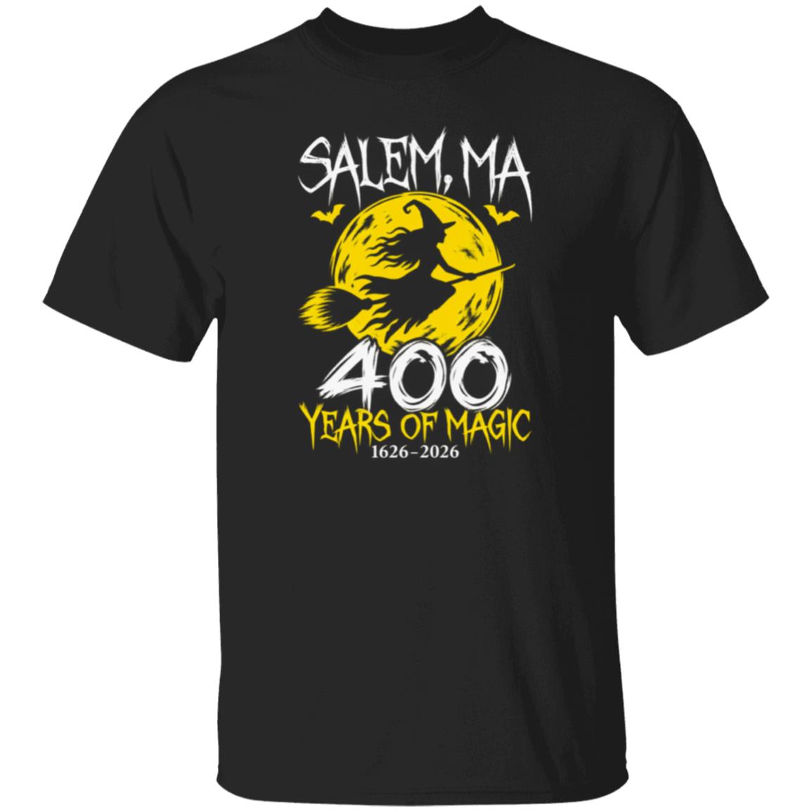 Black 400 Years of Magic youth short-sleeve shirt with yellow moon and flying witch design