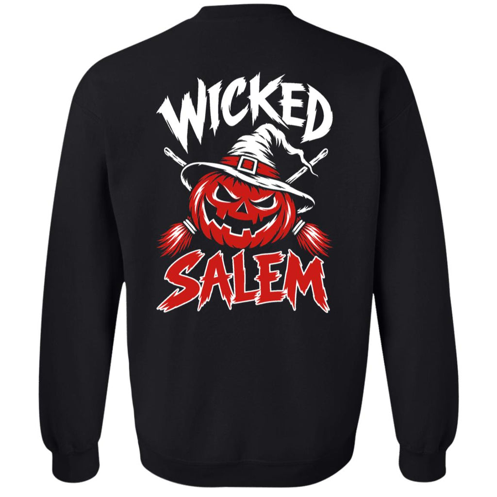 Back of the black Wicked Salem Broom Rush crewneck sweatshirt with a grinning pumpkin in a witch hat, crossed brooms, and red-and-white Wicked Salem lettering.
