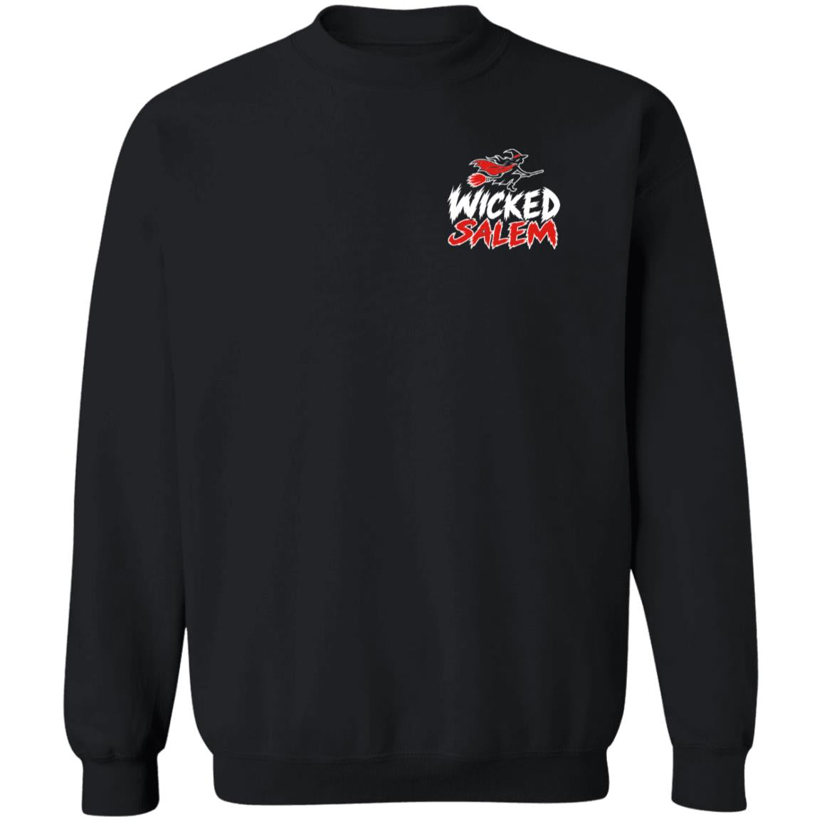 Front of the black Wicked Salem Broom Rush crewneck sweatshirt with a small red-and-white left-chest print.