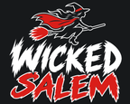 Close-up of the Broom Rush front design: a flying witch above white Wicked and red Salem lettering on a dark background.