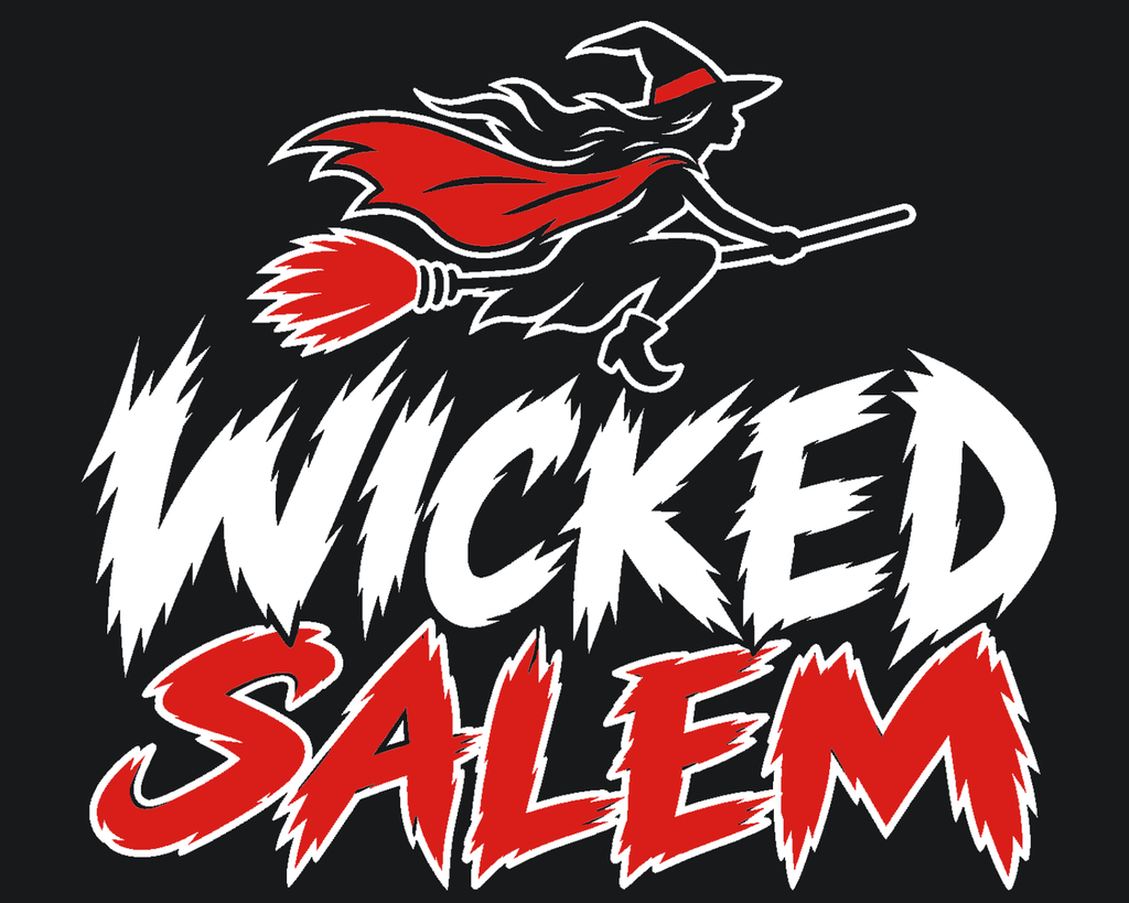 Close-up of the Broom Rush front design: a flying witch above white Wicked and red Salem lettering on a dark background.