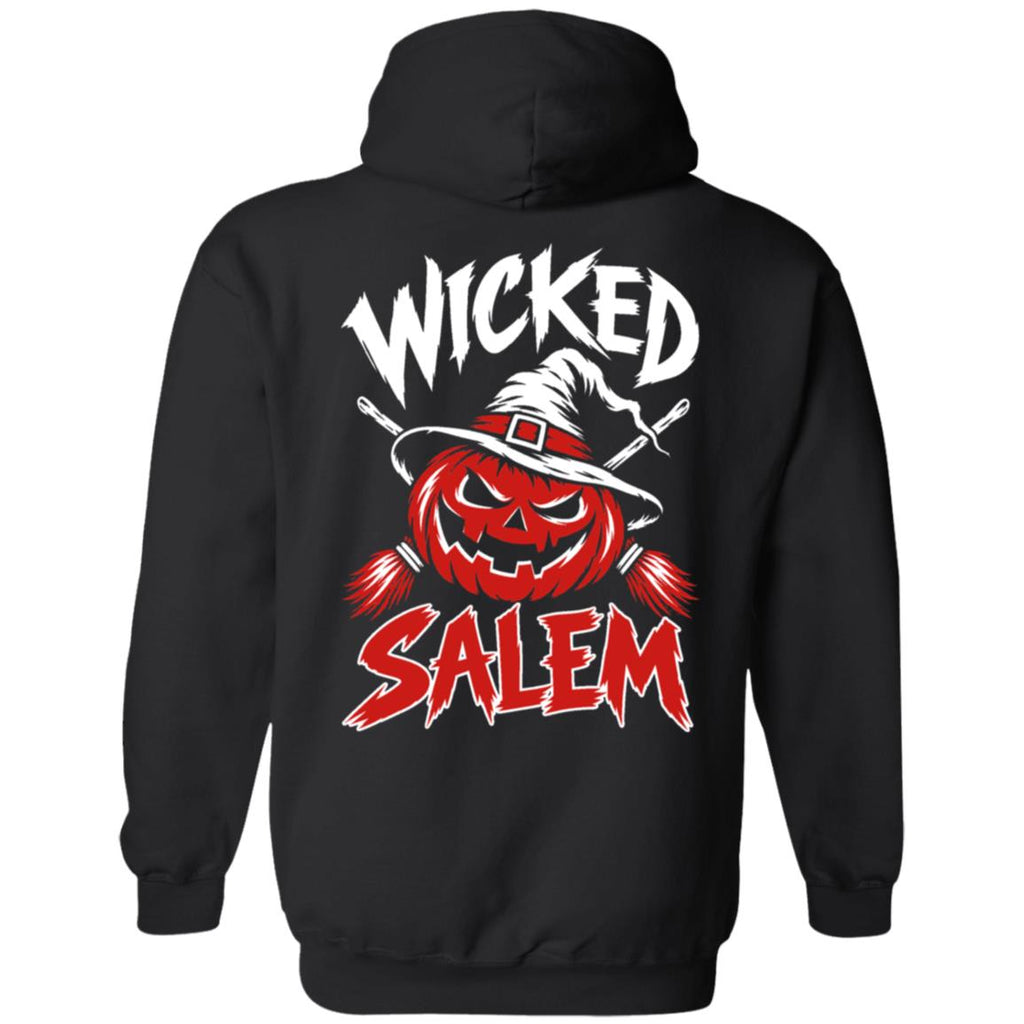 Back of the black Wicked Salem Broom Rush pullover hoodie with a grinning pumpkin in a witch hat, crossed brooms, and red-and-white Wicked Salem lettering.
