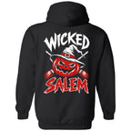 Back of the black Wicked Salem Broom Rush pullover hoodie with a grinning pumpkin in a witch hat, crossed brooms, and red-and-white Wicked Salem lettering.