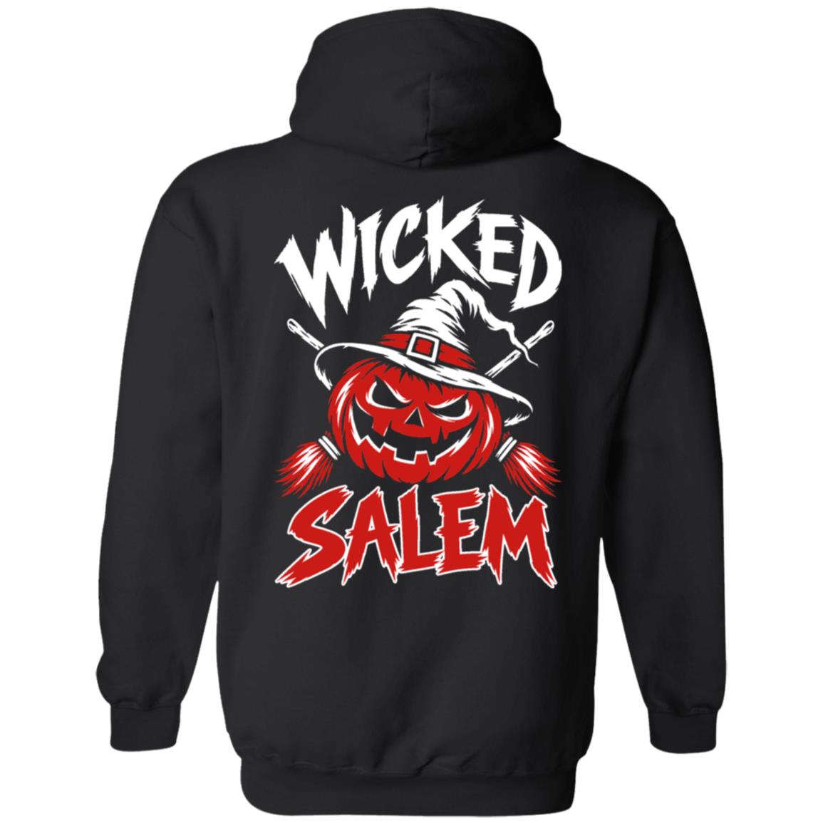 Back of the black Wicked Salem Broom Rush pullover hoodie with a grinning pumpkin in a witch hat, crossed brooms, and red-and-white Wicked Salem lettering.