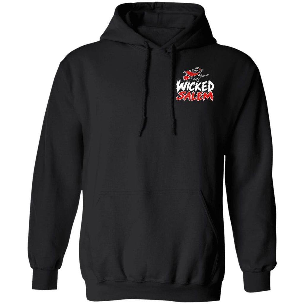 Front of the black Wicked Salem Broom Rush pullover hoodie with a small red-and-white left-chest print and a pouch pocket.