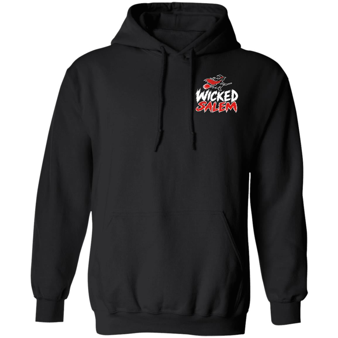 Front of the black Wicked Salem Broom Rush pullover hoodie with a small red-and-white left-chest print and a pouch pocket.