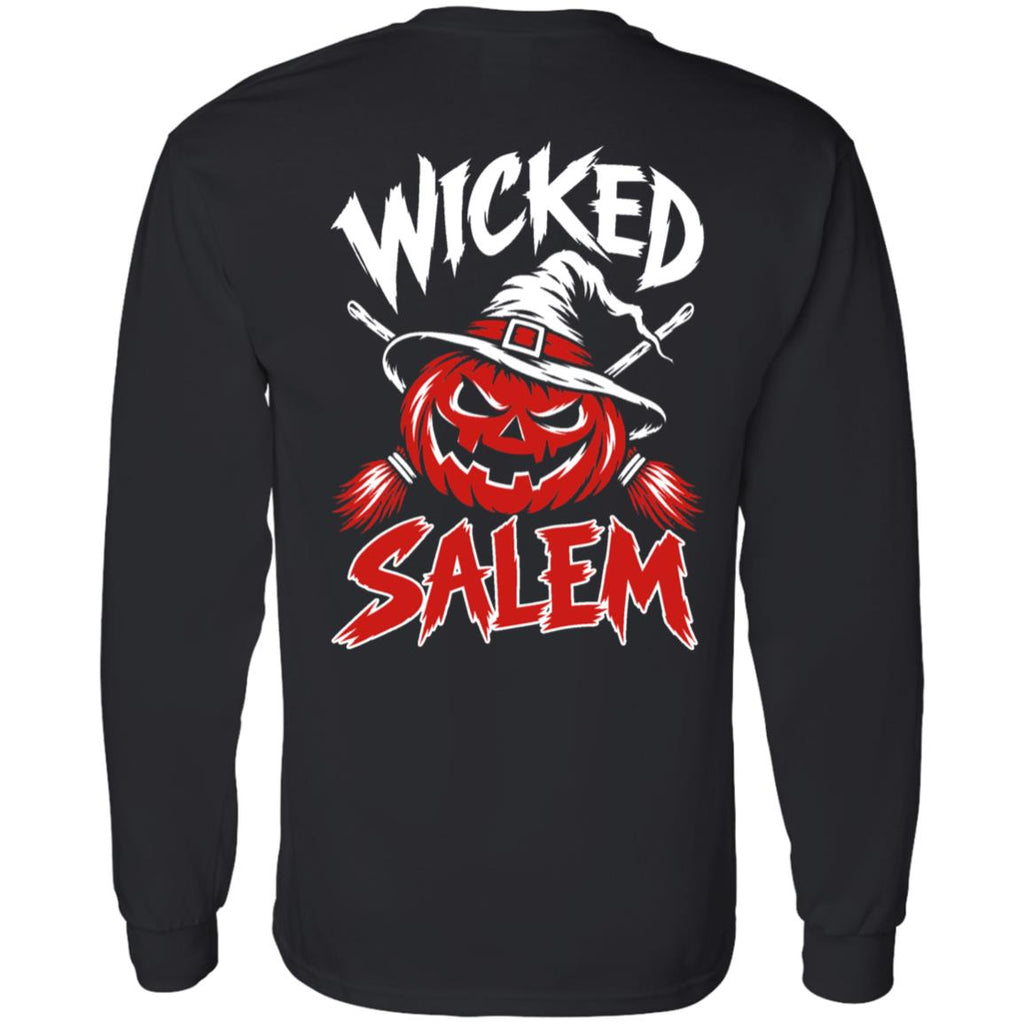 Back of the black Wicked Salem Broom Rush long sleeve shirt with a grinning pumpkin in a witch hat, crossed brooms, and red-and-white Wicked Salem lettering.