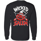 Back of the black Wicked Salem Broom Rush long sleeve shirt with a grinning pumpkin in a witch hat, crossed brooms, and red-and-white Wicked Salem lettering.
