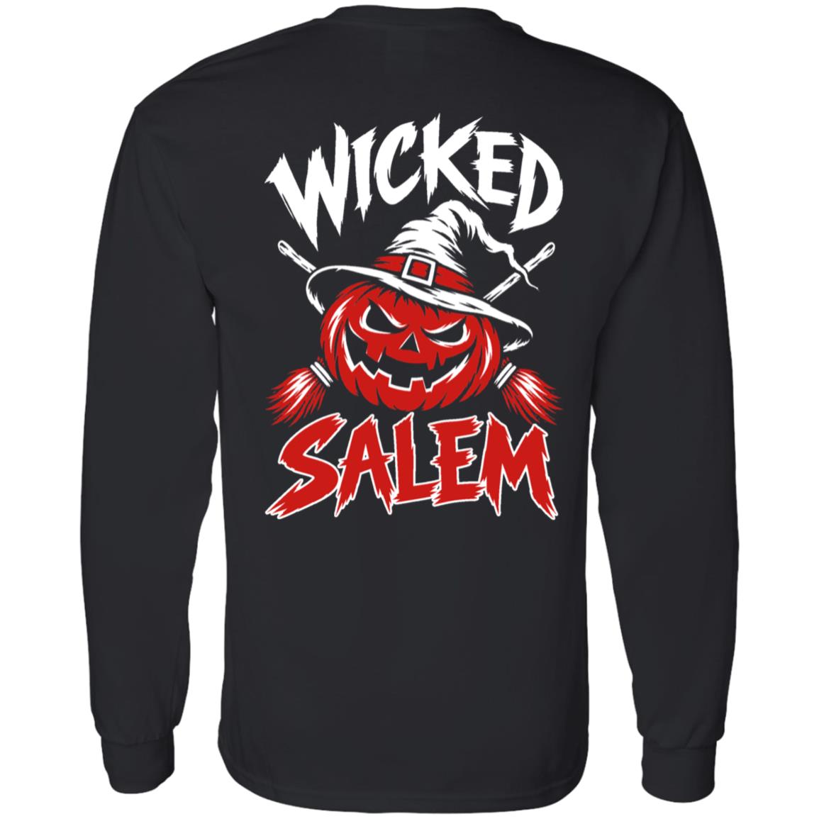 Back of the black Wicked Salem Broom Rush long sleeve shirt with a grinning pumpkin in a witch hat, crossed brooms, and red-and-white Wicked Salem lettering.