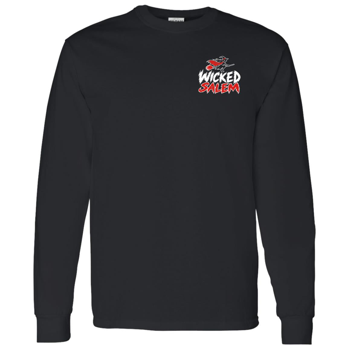 Front of the black Wicked Salem Broom Rush long sleeve shirt with a small red-and-white left-chest print.