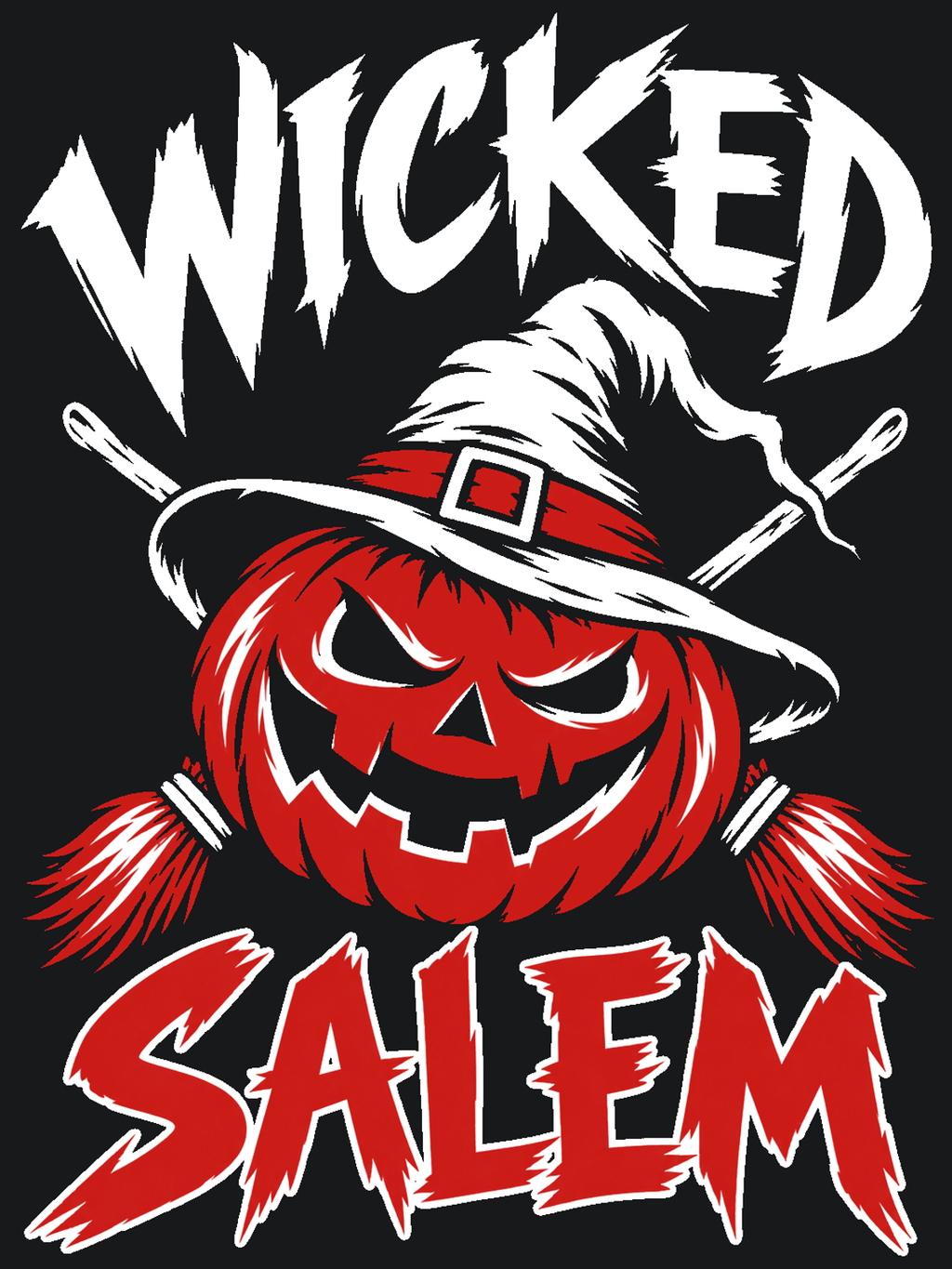 Close-up of the Broom Rush back artwork: a grinning red pumpkin in a white witch hat, crossed brooms, and white Wicked and red Salem lettering on a dark background.