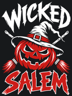 Close-up of the Broom Rush back artwork: a grinning red pumpkin in a white witch hat, crossed brooms, and white Wicked and red Salem lettering on a dark background.