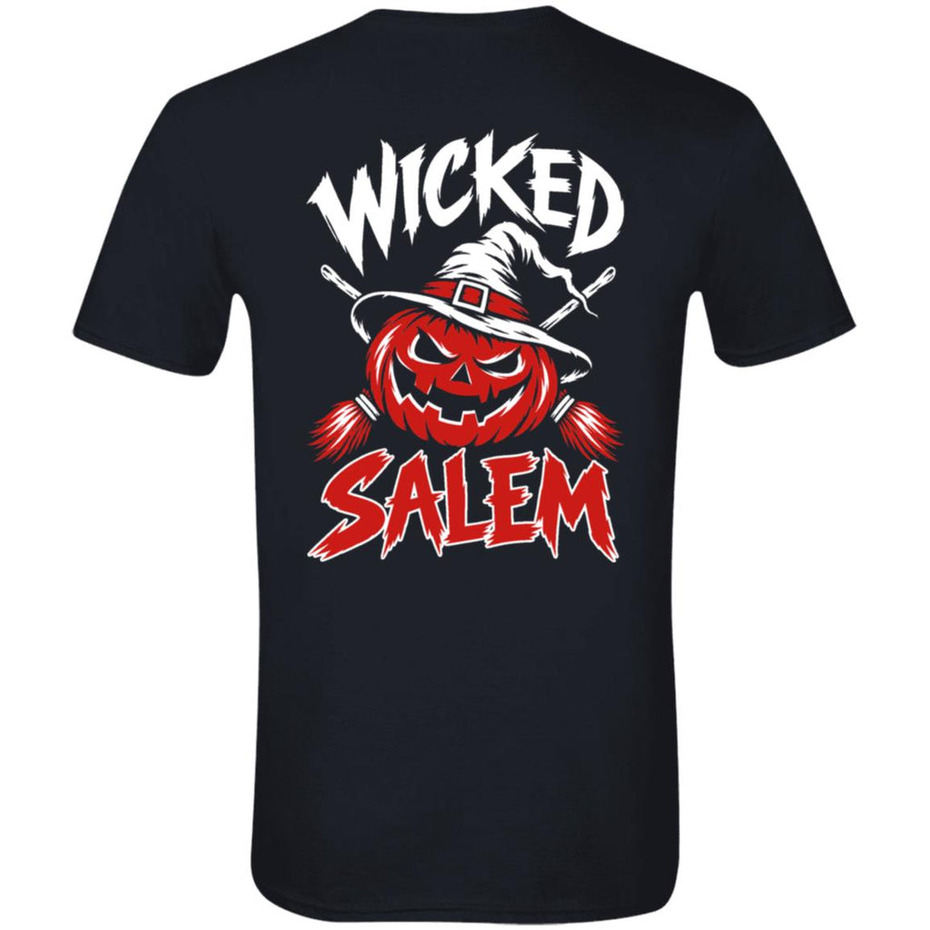 Back of the black Wicked Salem Broom Rush short sleeve shirt with a grinning pumpkin in a witch hat, crossed brooms, and red-and-white Wicked Salem lettering.