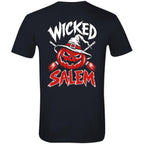 Back of the black Wicked Salem Broom Rush short sleeve shirt with a grinning pumpkin in a witch hat, crossed brooms, and red-and-white Wicked Salem lettering.