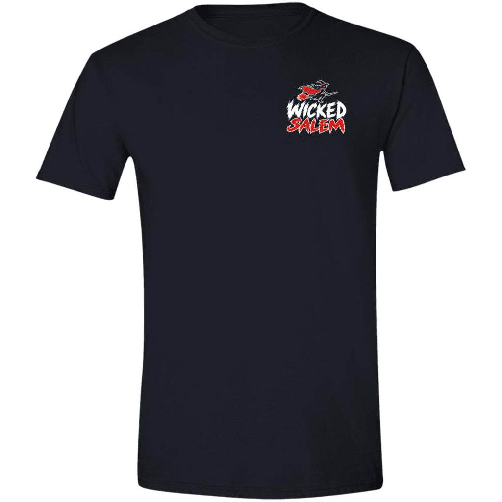 Front of the black Wicked Salem Broom Rush short sleeve shirt with a small red-and-white left-chest print.