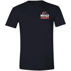 Front of the black Wicked Salem Broom Rush short sleeve shirt with a small red-and-white left-chest print.
